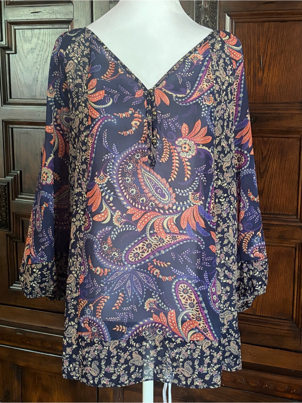 Chaps Women's Navy Paisley V-Neck Tunic Top Size XL